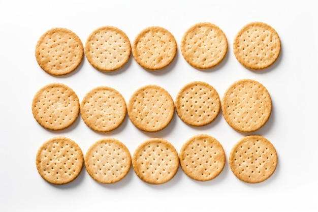 Top view of a number of crackers on a white surface