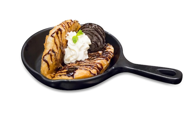 Top view of Nutella Crispy Roti with Ice Cream in the pan focus selective