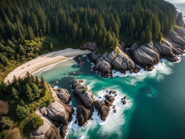 Photo top view of an ocean coast with forset