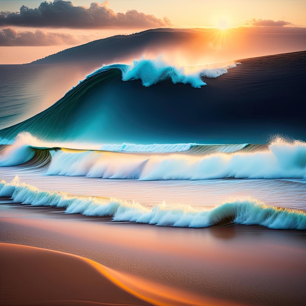 Top view of ocean waves on sandy beach landscape Incredibly beautiful seascape background Postpro