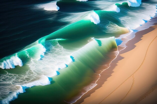 Top view of ocean waves on sandy beach landscape Incredibly beautiful seascape background Postpro