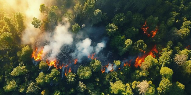 写真 燃える森の上の景色 地球温暖化と気候変動の概念