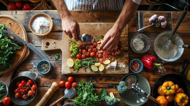 Фото Вид с вершины шеф-повара, разрезающего овощи на деревянном столе. шеф-повар носит белый фартук и окружен свежими овощами и травами.