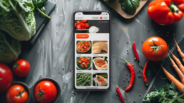 写真 新鮮な野菜と材料に囲まれたレシピアプリを表示するスマートフォンでキッチンテーブルのトップビュー