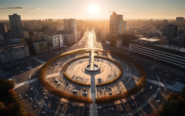Фото Вид сверху на кольцевую развязку посреди оживленного города, вид с воздуха по центру, симметрично