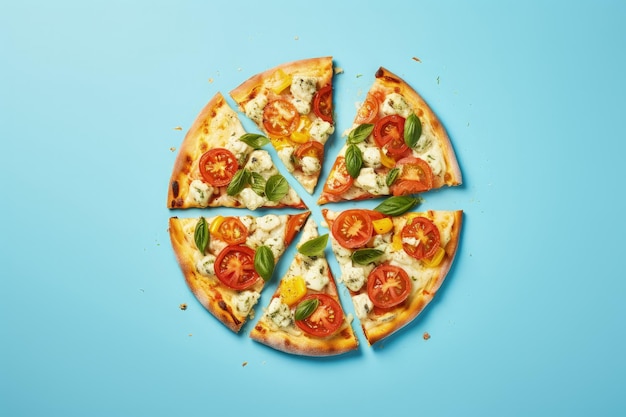 写真 青い背景にスライスして分離したベジタリアンピザの上面図
