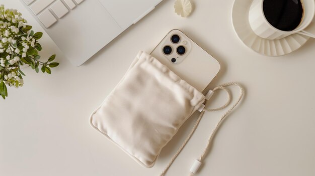 写真 iphone が入っている白い机の上に置かれた白い天<unk>の袋のトップビュー