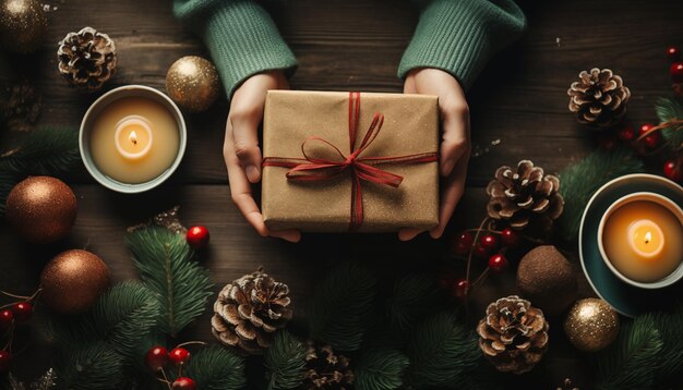 사진 에 크리스마스 선물 크리스마스 장식품을 들고 있는 빨간 스웨터를 입은 여자의 면