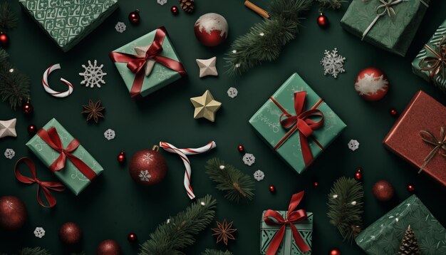 Фото Верхний вид рождественских подарков рождественские украшения благородные ветви на зеленом праздничном фоне
