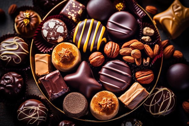 Фото Вид с вершины кофейных зерен и кусочков темного шоколада, посыпанных какао-порошком