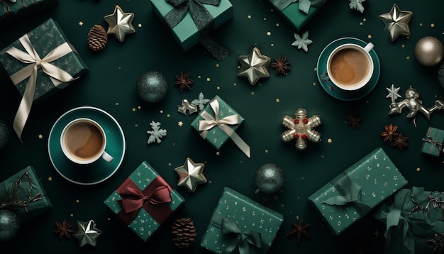 写真 クリスマスの贈り物を飾ったコーヒーカップのトップビュー クリスマスの装飾 サイドのクリスマス装飾