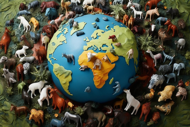 사진 동물 의 날 을 맞아 동물 의 동상 들 이 있는 다채로운 글자 와 지구 행성 의 위쪽 풍경