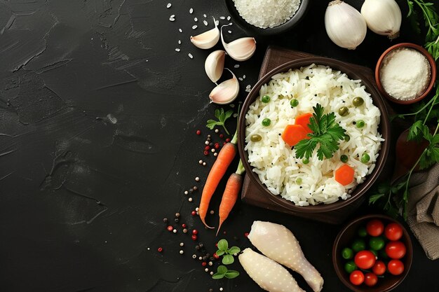 Фото Вид с вершины вкусного белого рисового блюда с курицей и овощами