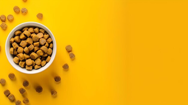 写真 鮮やかな黄色の背景に乾燥したペットフードのトップビュー シンプルでモダンでスタイリッシュなペット栄養コンセプト ペットケアとライフスタイルのテーマに最適 ai