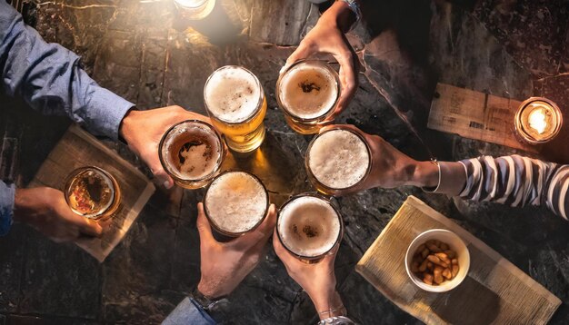 写真 パブに座ってビールを飲んでいる友達のグループのトップビュー