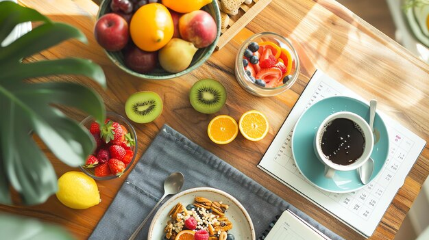 Фото Верхний вид здорового завтрака со свежими фруктами, ягодами, орехами и кофе на деревянном столе