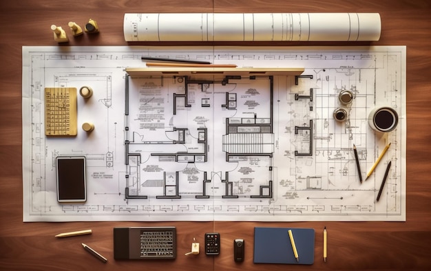 Фото Верхний вид плана дома на бумаге с ремонтными инструментами на столе в архитектурном офисе