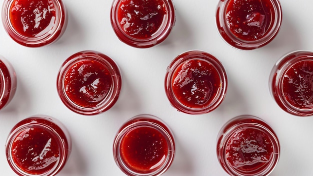 写真 top view of jars with delicious strawberry jam on white background
