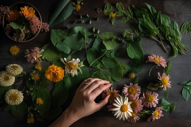 Фото Вид сверху на листья и цветы, расставленные на столе женской рукой генеративный ии