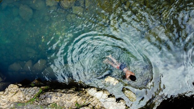 写真 川で泳ぐ小さな男の子の平面図