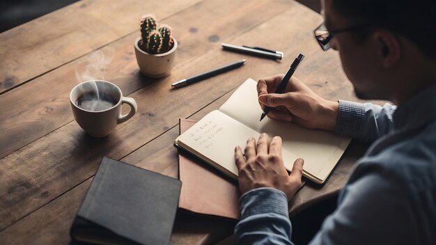 写真 コーヒーカップと小さなカクタスポットで木製のテーブルにノートブックを書いている男のトップビュー