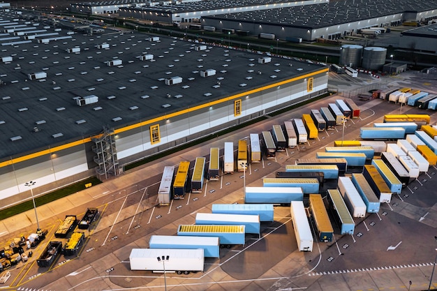 Фото Вид сверху на множество трейлеров и контейнеров возле логистического склада вечером