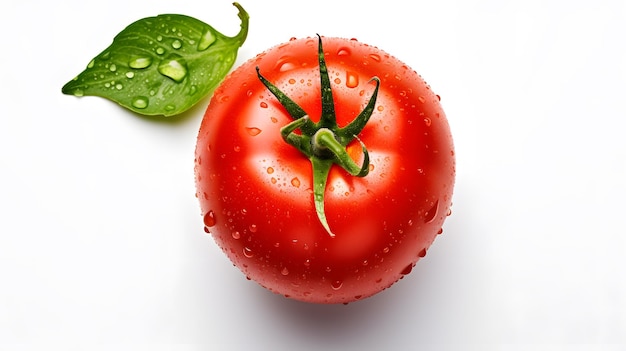 Фото Верхний вид одного зрелого сырого красного сочного помидора с зеленым