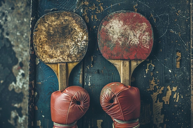 写真 ボクシングの手袋とスポーツ用品を身に着けている乒乓球のパドルの上の景色