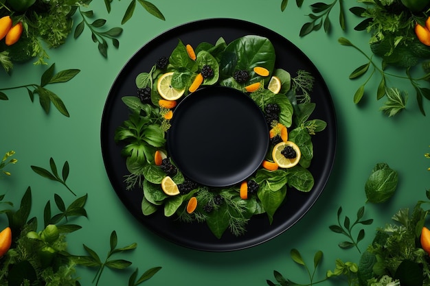 Фото Вид сверху тарелки с салатом и другой здоровой пищей