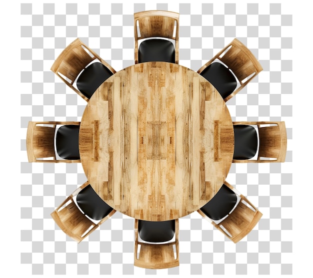 Фото Верхний вид круглого деревянного обеденного стола с стульями на прозрачном фоне