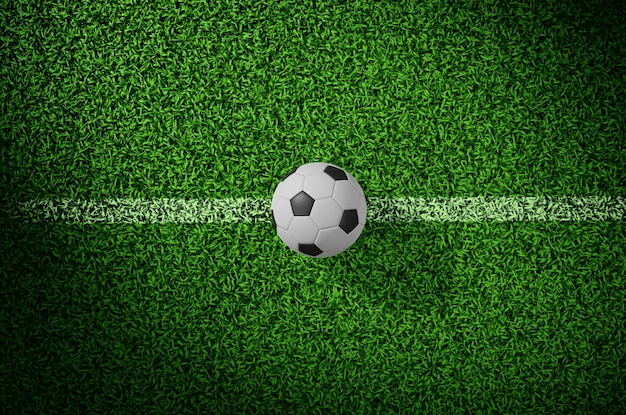 Фото Верхний вид футбольного поля с травой и белыми линиями перед началом игры 3d-рендер