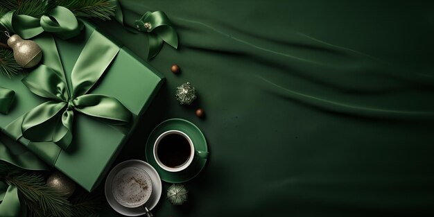 写真 クリスマスの贈り物のトップビュー 豪華な緑色の布に豪華なクリスマス装飾のコーヒーカップ