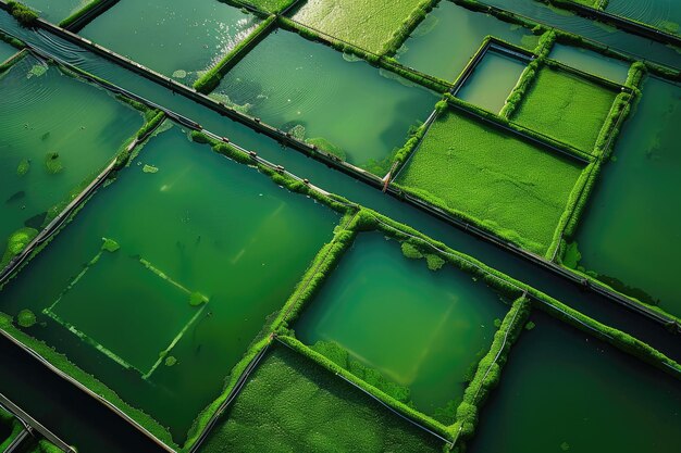 写真 緑の藻類から生態学的代替バイオ燃料を栽培する列の上の景色