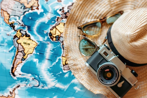 Фото Верхний вид аксессуаров для путешественников камера и очки летнее время отпуск