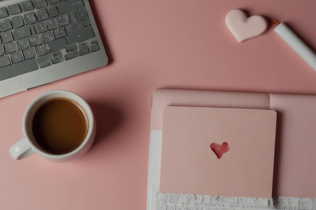 Top view of the office desk romantic atmosphere a notebook with a cup of coffee hearts and a keyboard on a pink