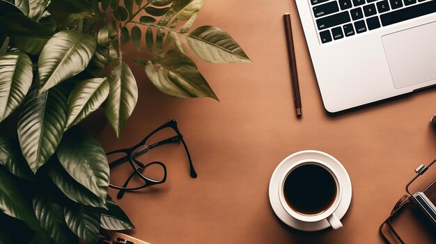 Top view of office desk table with coffee cup laptop notebook mini artificial plant retro camera