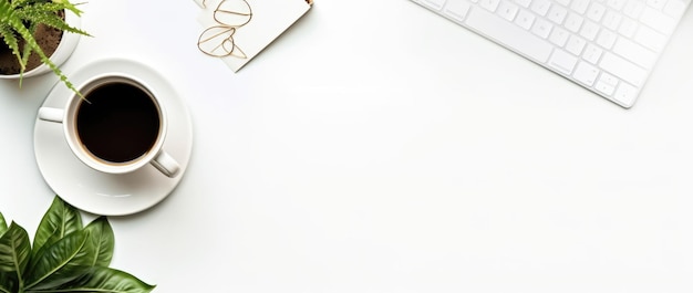 top view of an office desk with coffee cup and laptop