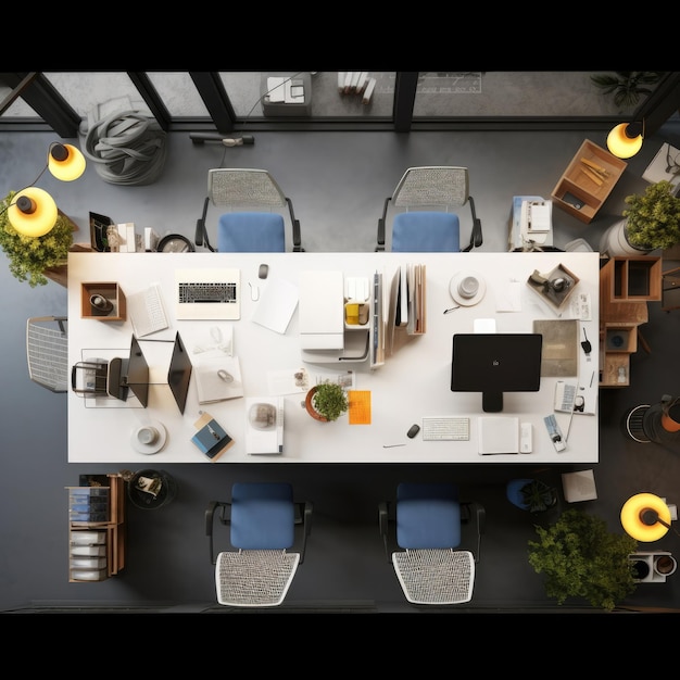 Photo top view office desk with office tools computer laptop plant pot and on wood table background generative ai