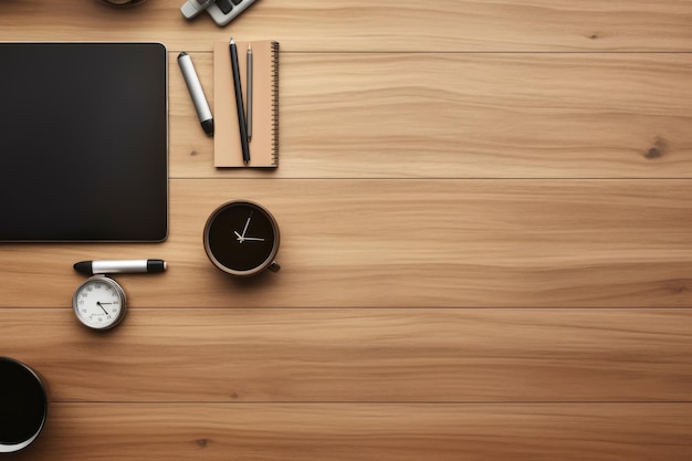 Top view Office desk with office tools computer laptop on wood table background with copy space Generative AI