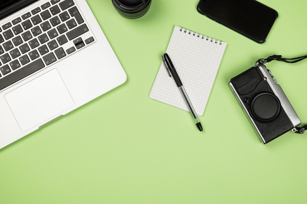 Top view of office desk with supplies