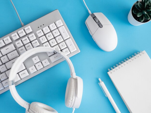 Top view of an office desk workspace