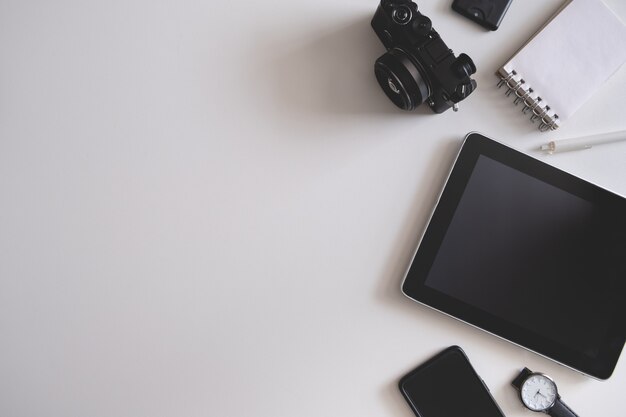 Top view of an office desk workspace