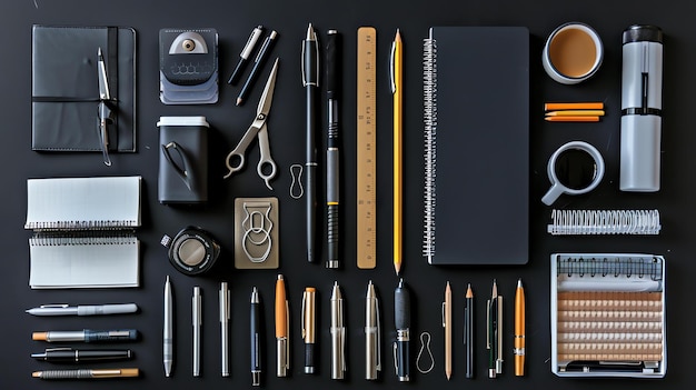 Foto vista superiore delle forniture per ufficio una varietà di penne matite quaderni di appunti tazze da caffè e altre forniture da ufficio sono disposte su uno sfondo nero