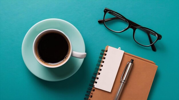 Top view of office supplies with coffee cup and glasses