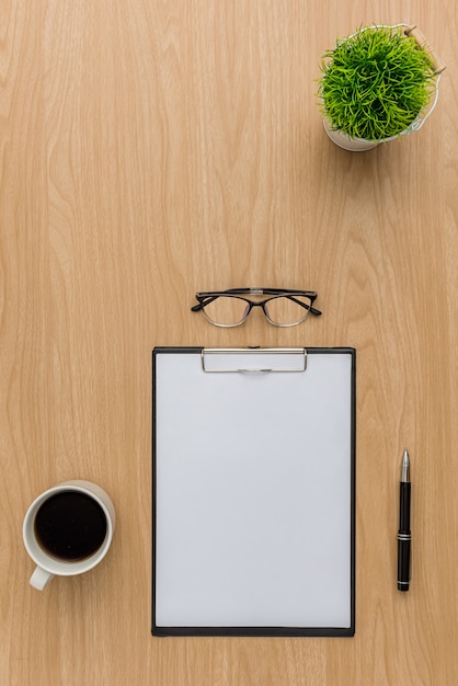 Top view office table desk. Flat lay Workspace