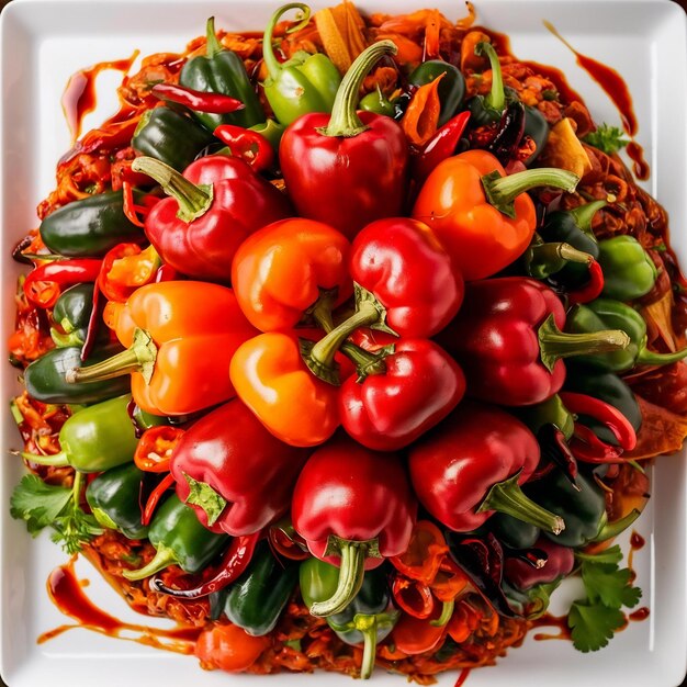 Photo top view offul bell peppers lined with spicy peppers on white vegetable spice hot food meal produc