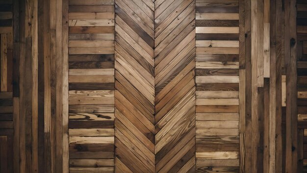 Top view of old brushed and distressed wooden parquet floor made from many racks in herringbone pat