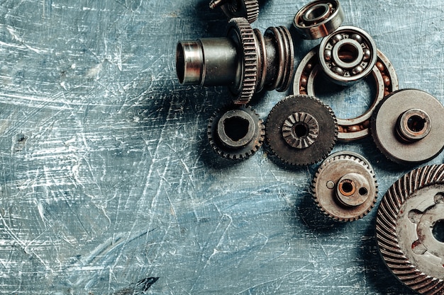 Top view of old rusty car parts