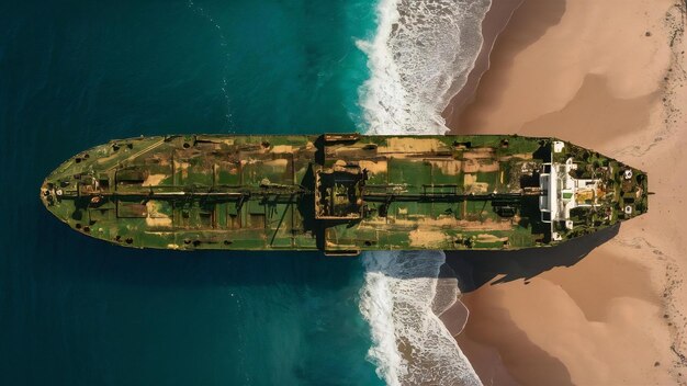 Top view of an old tanker that ran aground and overturned on the shore near the coast