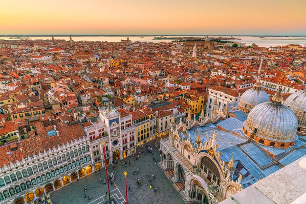 Top view of old town Vanice at sunset